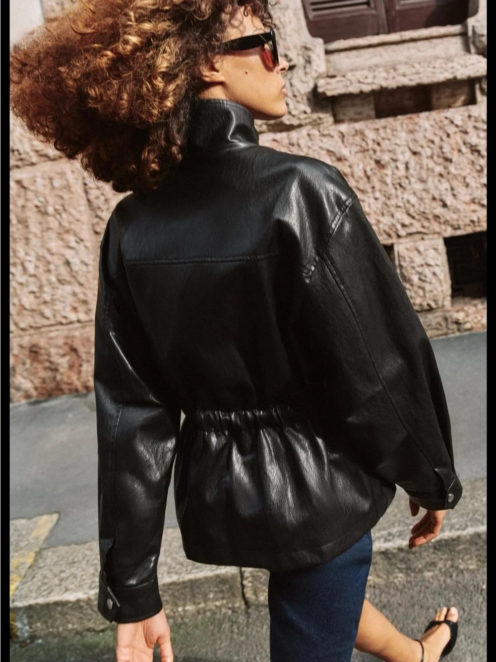 Zara 6318/047 Black Faux Leather Drawstring Waist Jacket